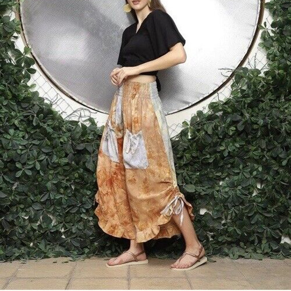 Bohemian Pants Harem Indonesia Brown OS Wide Legs Pockets - Picture 1 of 8